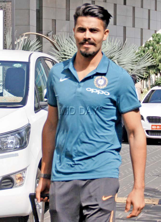 India all-rounder Ravindra Jadeja checks out of the team hotel in Mumbai yesterday