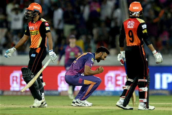Rising Pune Supergiants Jaydev Unadkat celebrates after taking five wickets against Sunrisers Hyderabad during the 2017 Indian Premier League (IPL) Twenty20 cricket match between Sunrisers Hyderabad and Rising Pune Supergiants at Rajiv Gandhi International Cricket Stadium in Hyderabad on May 6.