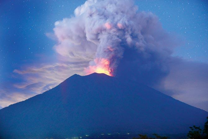 Mount Agung seen erupting at night from Kubu sub-district in Karangasem Regency. pics/afp
