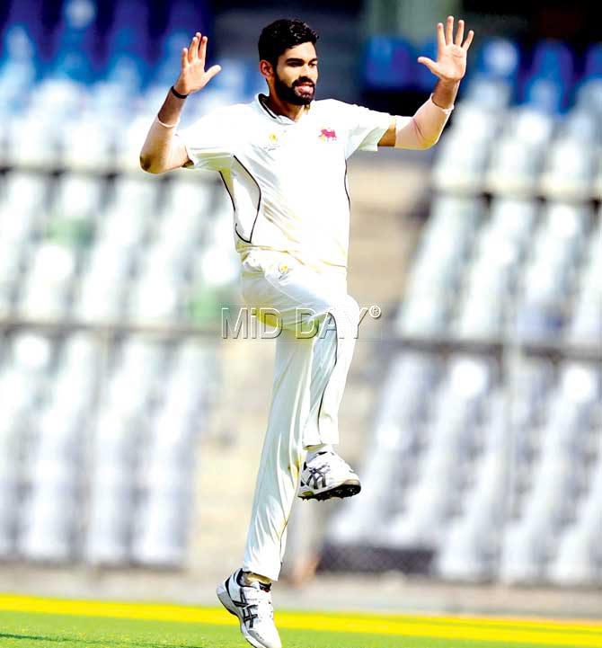 Akash Parkar celebrates a wicket on Saturday. Pic/Atul Kamble