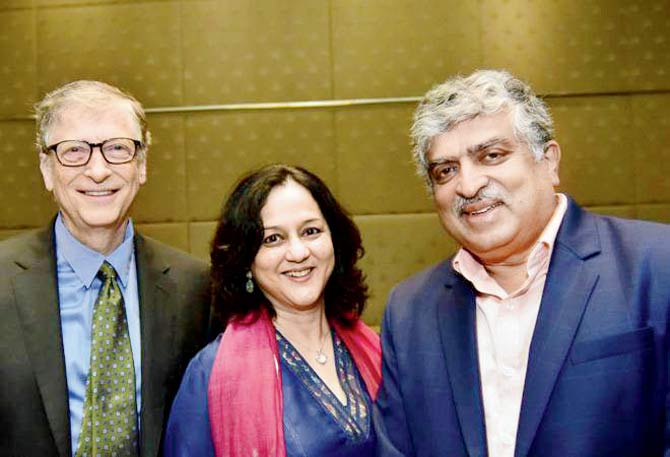 Bill Gates with Rohini and Nandan Nilekani