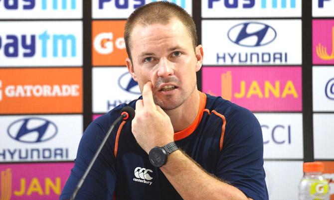 New Zealand cricketer Colin Munro gestures while adressing a press conference ahead of their first T20 cricket match against India at Feroz Shah Kotla cricket stadium in New Delhi on October 31, 2017. Big-hitting batsman Colin Munro believes New Zealand