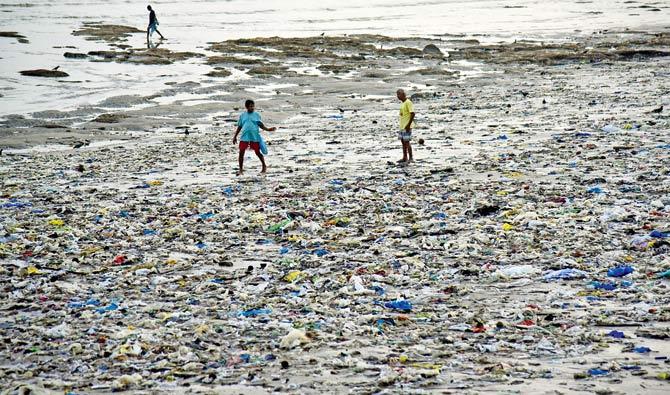 Plastic waste at Dadar beach