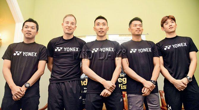 International badminton stars Taufik Hidayat (left), Peter Gade, Lee Chong Wei, Lin Dan and Lee Young Dae pose for a picture after  the Yonex The Legends’ Vision tour press conference at a city hotel yesterday. Pic/Atul Kamble