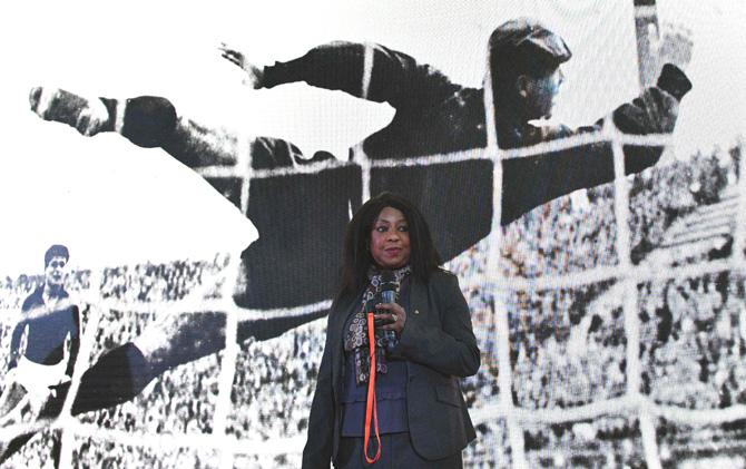 Fatma Samoura, FIFA Secretary General, attends the unveiling of the official poster for the 2018 FIFA World Cup at Moscow