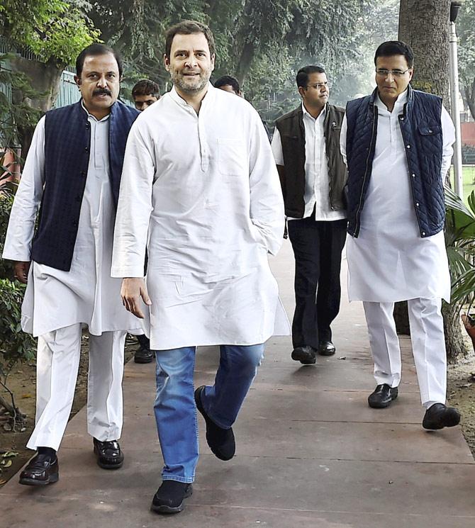 Congress Vice President Rahul Gandhi with party leaders arrives for an interaction with the office bearers of All India Unorganized Workers Congress, at AICC headquarters in New Delhi on Thursday. Pic/PTI