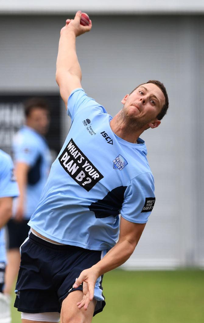 Australian paceman Josh Hazlewood sends down a delivery during training with the New South Wales state cricket team in Sydney on November 10, 2017. Australian players are using the state matches as a warm-up for the upcoming Ashes Test series against England. Pic/AFP