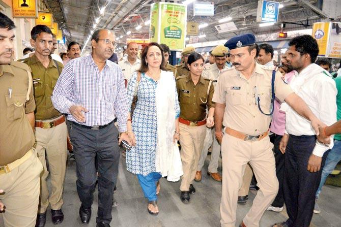 BJP MP Hema Malini at the Mathura station on Wednesday. Pic/PTI 