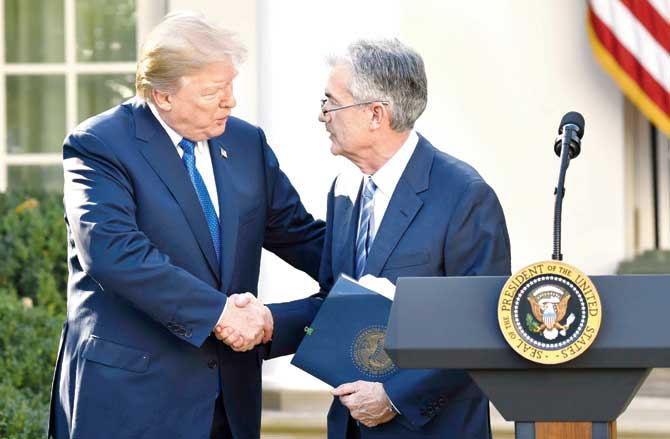 US President Donald Trump shakes hands with his nominee for Chairman of the Federal Reserve, Jerome Powell (R), in the Rose Garden of the White House in Washington, DC, on Thursday. Pic/AFP