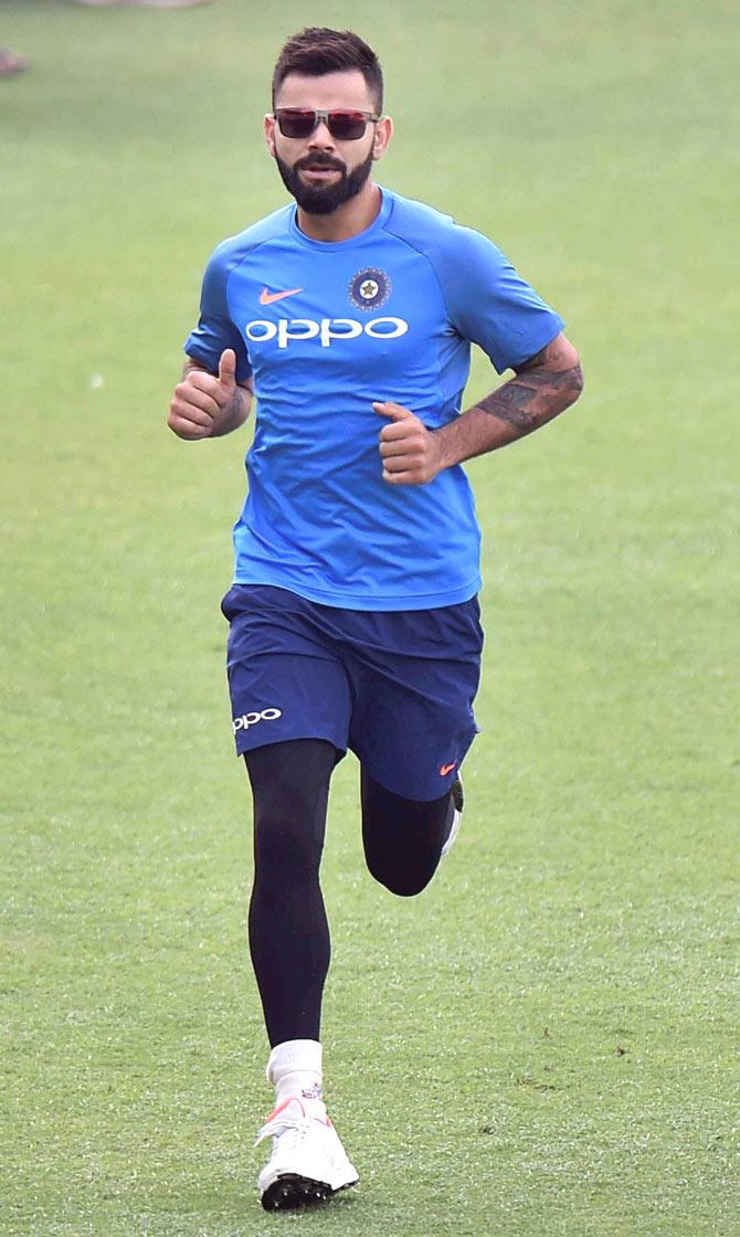 Indian cricket captain Virat Kohli during a training session at Eden Garden in Kolkata on Tuesday ahead of the 1st Test Match against Sri Lanka. Pic/PTI