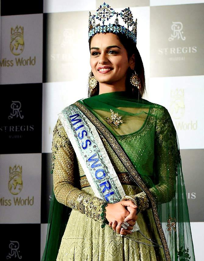 Miss World 2017 Manushi Chhillar at a press conference in Mumbai. Pic/AFP
