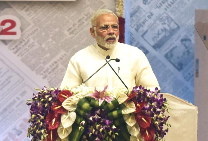 Indian Prime Minister Narendra Modi adresses attendees during the 75th anniversary celebrations of the Tamil newspaper Daily Thanthi in Chennai on November 6, 2017. Pic/AFP