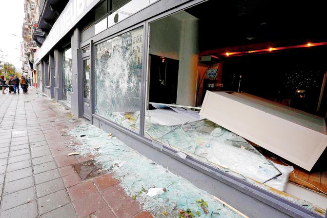 Damage caused by rioting Moroccan fans in Brussels on Saturday after their team