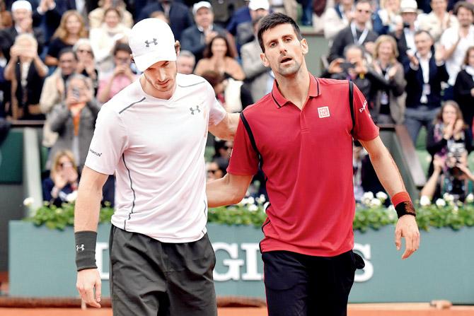 Novak Djokovic with Andy Murray after the French Open final at Roland Garros in Paris last year which the former won. Pic/AFP