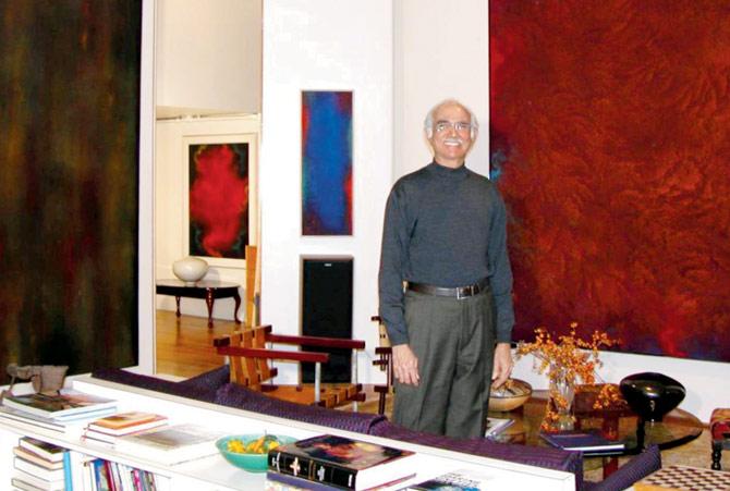 Natvar Bhavsar with his works. Pic courtesy/Janet Brosious Bhavsar
