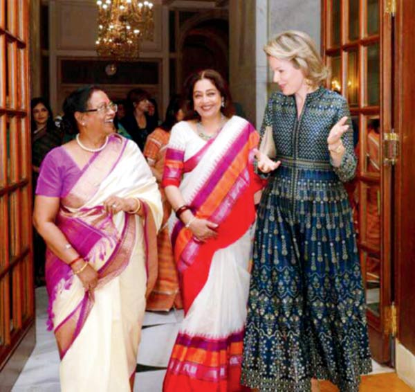 (From left) First Lady Savita Kovind, BJP MP Kirron Kher and Queen Mathilde of Belgium
