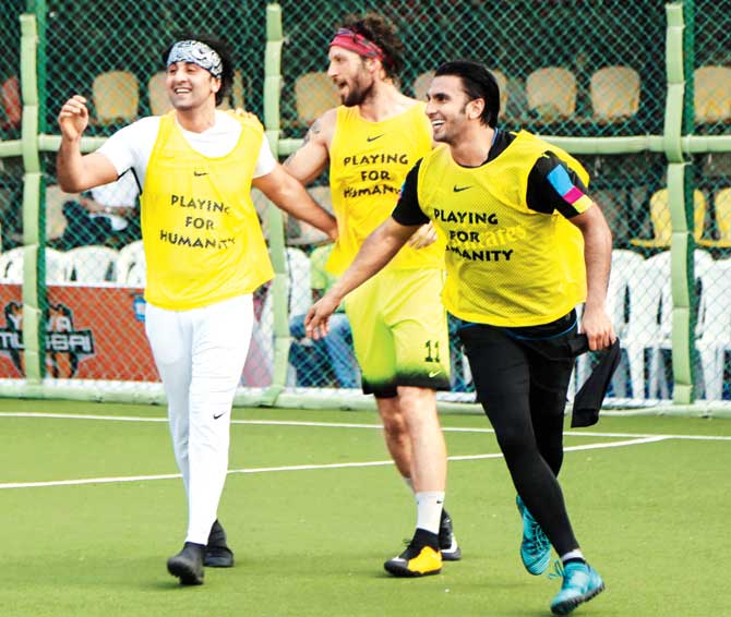 Ranbir Kapoor and Ranveer Singh at the practice match on Sunday