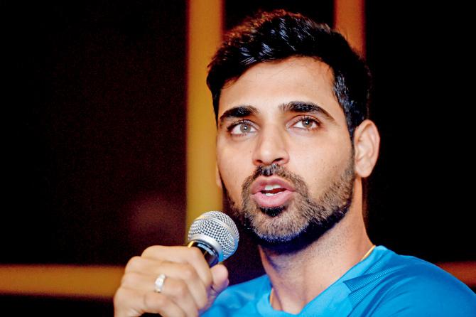 Bhuvneshwar Kumar interacts with the media on the eve of the final T20I v New Zealand in Thiruvananthapuram yesterday. Pic/PTI