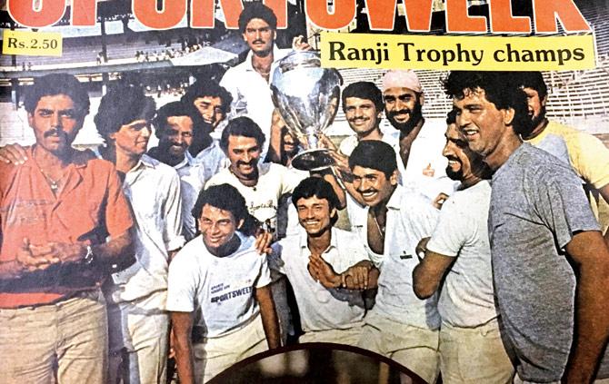 The Sunil Gavaskar-led Mumbai team pose with the Ranji Trophy after beating Delhi at Wankhede Stadium in 1984