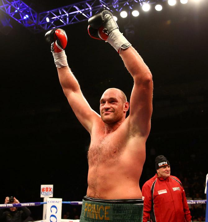 Tyson Fury celebrates victory over Christian Hammer in a Heavyweight Contest at the O2 Arena on February 28, 2015 in London, England. Pic/Getty Images