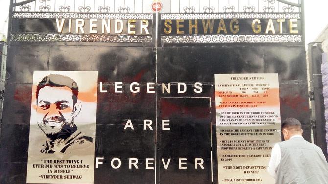 The DDCA gate says Virender Sehwag is the only Indian to score a triple century in Test cricket. Pic/Shalabh Manocha