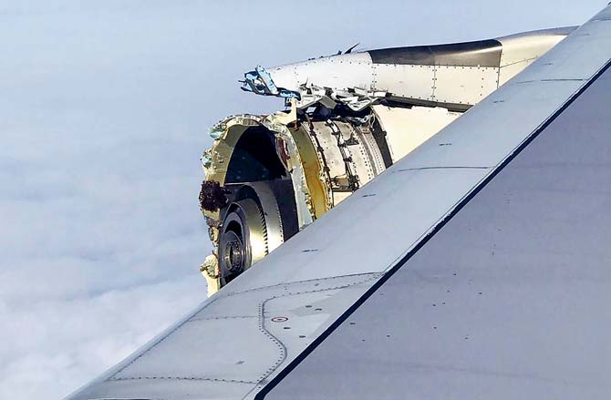 This photo on the Twitter account of @Bdaddy1391 shows the damaged engine of an Air France A380 superjumbo. Pic/AFP