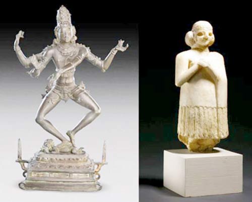 Dancing Shiva, AD 870-920, National Museum, New Delhi, and (right) Statue of a Woman, 2400 BC, British Museum