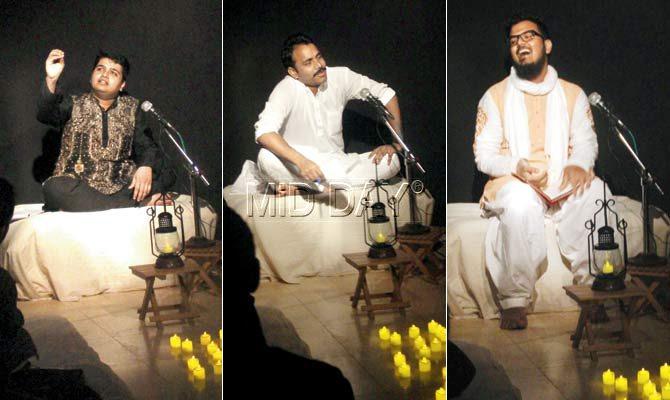 (Clockwise from top) Artistes Devroop Sharma, Khan Faisal Barkaati and Ashwani perform at the mushaira held last weekend. Pics/Tanvi Phondekar