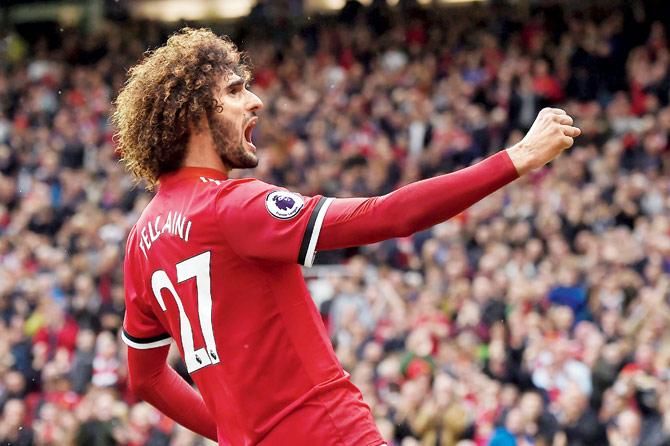 Marouane Fellaini celebrates after scoring against Palace at Old Trafford. Pic/AFP