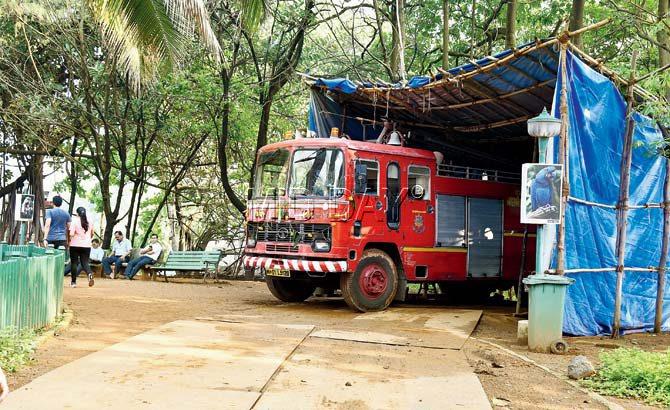 The fire engine stationed inside the park