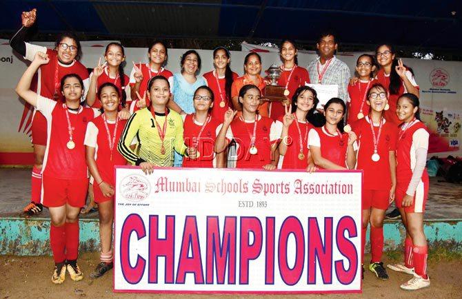 The winning AVM girls side pose with MSSA under-14 trophy at Azad Maidan. Pics/Suresh Karkera