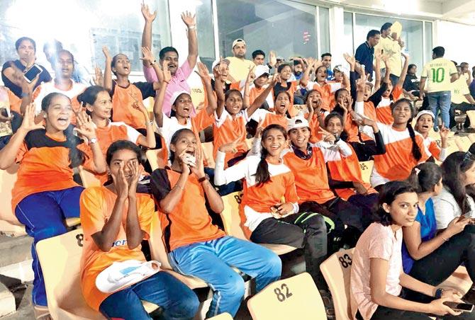 Players from Kolhapur cheer along during a FIFAâu00c2u0080u00c2u0088U-17 World Cup match at Jawaharlal Nehru Stadium in Fatorda, Goa yesterday