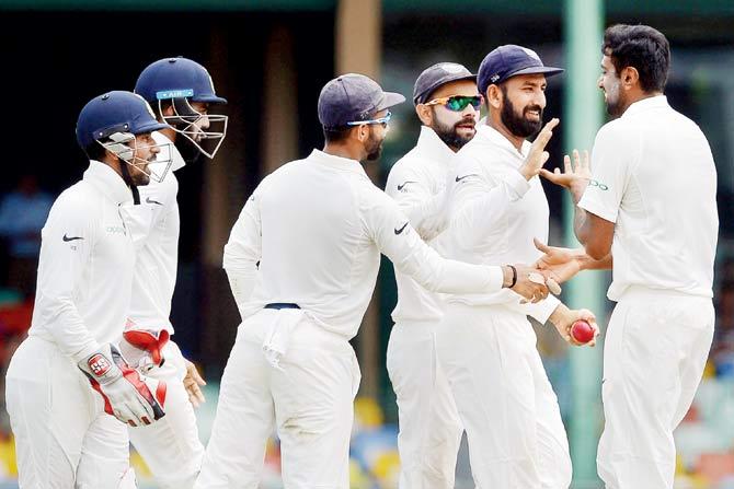 India cricketers celebrate the wicket of Angelo Mathews during the second Test against Sri Lanka at Colombo in August. Pic/AFP
