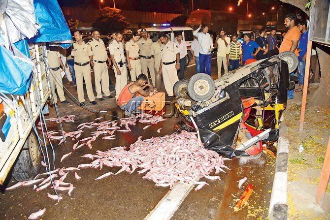 The truck containing fish that crashed into Durgesh Sharma