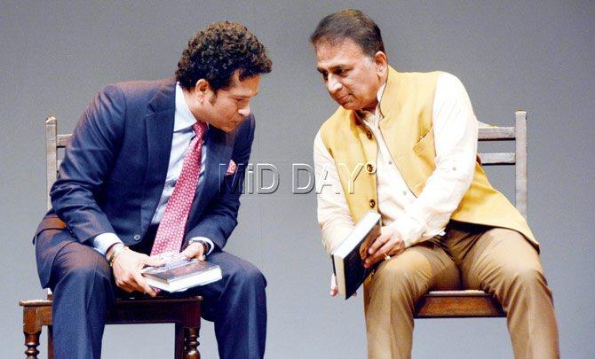 Sachin Tendulkar and Sunil Gavaskar at Rajdeep Sardesai’s book launch at the Royal Opera house yesterday. Pic/Sneha Kharabe