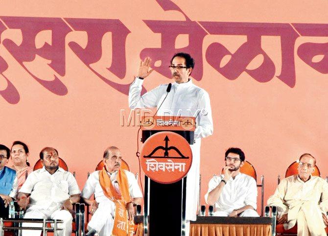 Shiv Sena chief Uddhav Thackeray at the rally on Saturday. Pic/Rane Ashish
