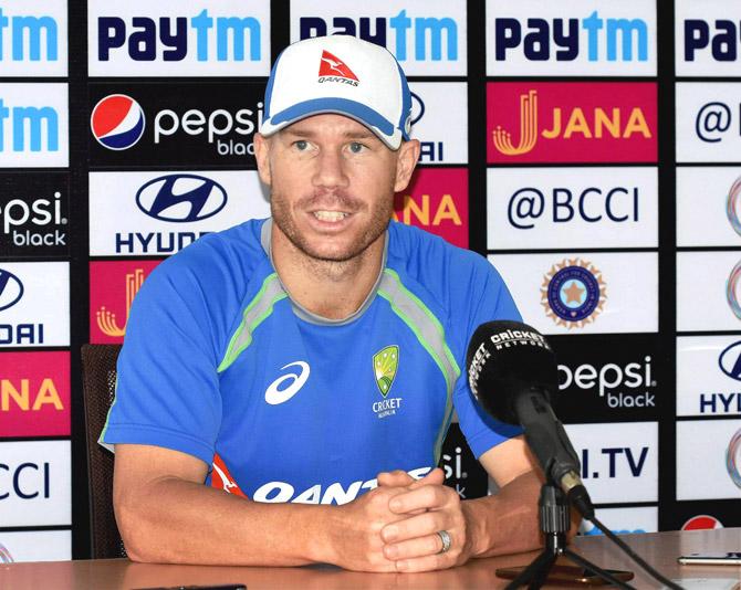 Australian team skipper David Warner addressing a press conference ahead of their 2nd International T-20 Cricket match against India, at ACA Stadium, in Guwahati on Monday. Pic/PTI