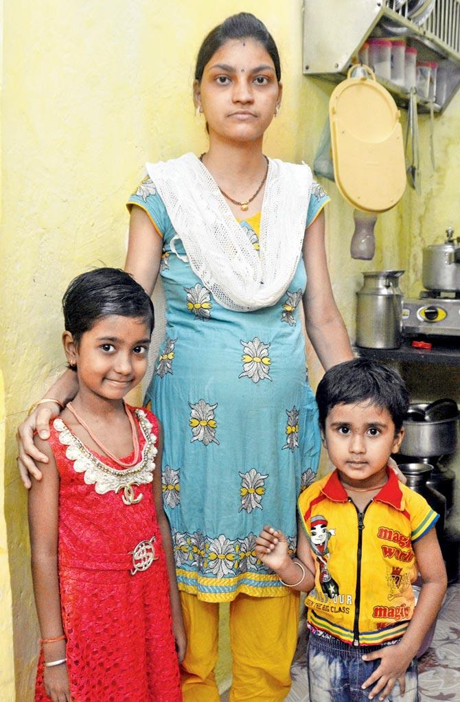 Deepa Kadam with her two children at her Kurla residence. Pic/Sneha Kharabe