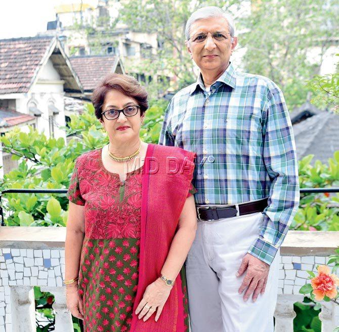 Rashmi and Kumar Desai on the terrace of their apartment in Bhagini Samaj building, third in line of the strikingly designed 
