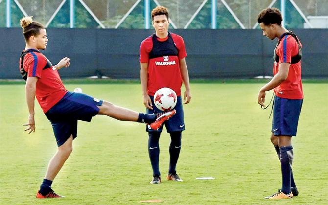 England players train yesterday ahead of their FIFA U-17 World Cup semi-final against Brazil at Salt Lake Stadium, Kolkata. Pic/PTI