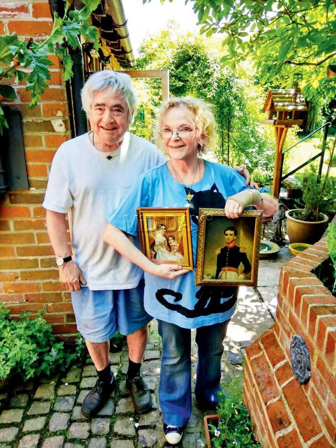 In the garden of their home at Lavenham village in Suffolk, Neil Warden and his wife Lindsay hold a portrait of their ancestor Captain Richard George Warden, “direct ascendant” of Francis Warden after whom the Bombay street is named. Pic/Prakash Nayak
