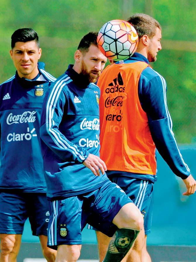 Argentina captain Lionel Messi trains ahead of his team’s  World Cup qualifier against Ecuador in Quito tonight. Pic/AFP
