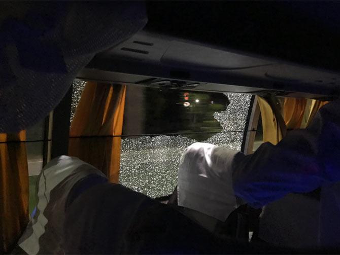 Australian cricket team bus attacked with a stone. Pic Courtesy/ Aaron Finch