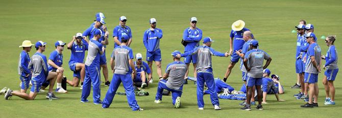 Australian cricket team players at a practice session in Indore on Saturday. Pic/PTI