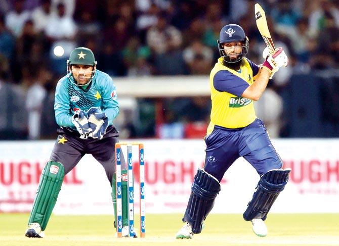 World XI batsman Hashim Amla plays an off-side shot during the second Twenty20I against Pakistan in Lahore yesterday. Pic/AFP