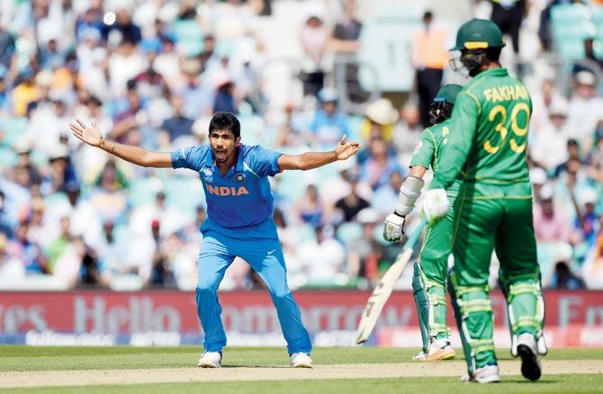 Team India pacer Jasprit Bumrah appeals during the ICC Champions Trophy Final against Pakistan at  The Oval in London yesterday. Pakistan went on to win by 180 runs. Pic/Getty Images