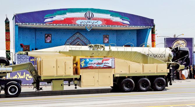 The Khoramshahr missile (above) was first displayed at a military parade on Friday in Tehran. Pic/AFP