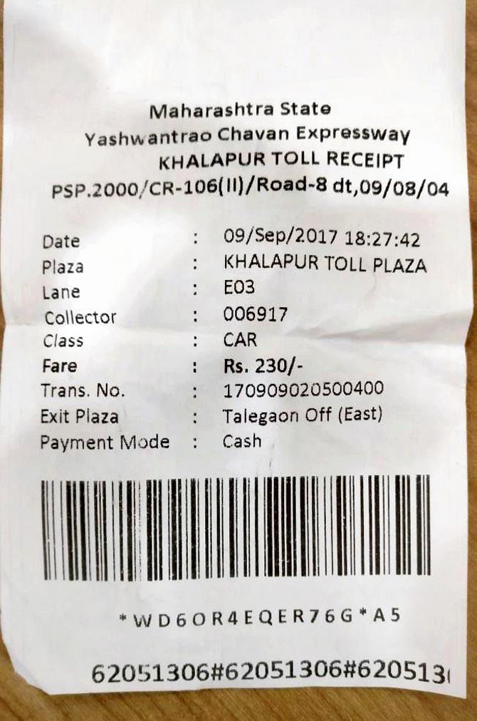 Receipt of the toll he paid at the Khalapur toll plaza