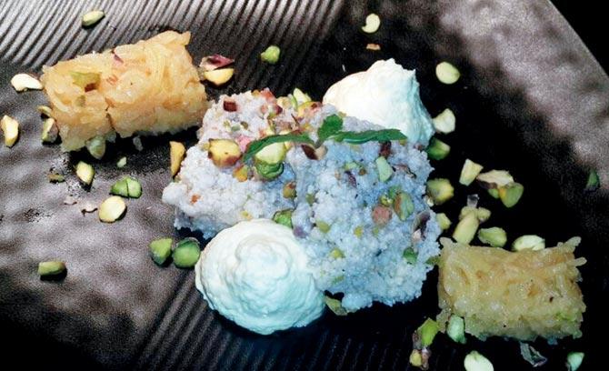 Khoya sevaiyyan with rajbhog cream and pista barfi from the Awadhi course