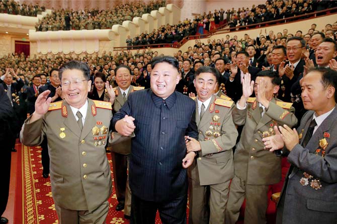 Kim Jong-Un at an art performance dedicated to nuclear scientists and technicians. Pic/AFP